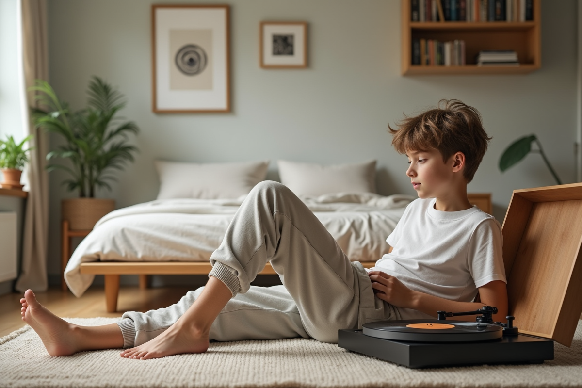 Adolescent détendu avec disque vinyle dans une chambre minimaliste