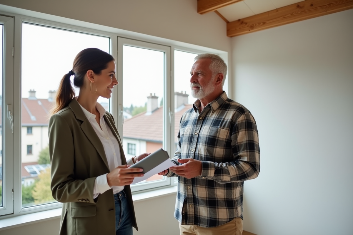 Architecte et propriétaire discutant dans une véranda lumineuse