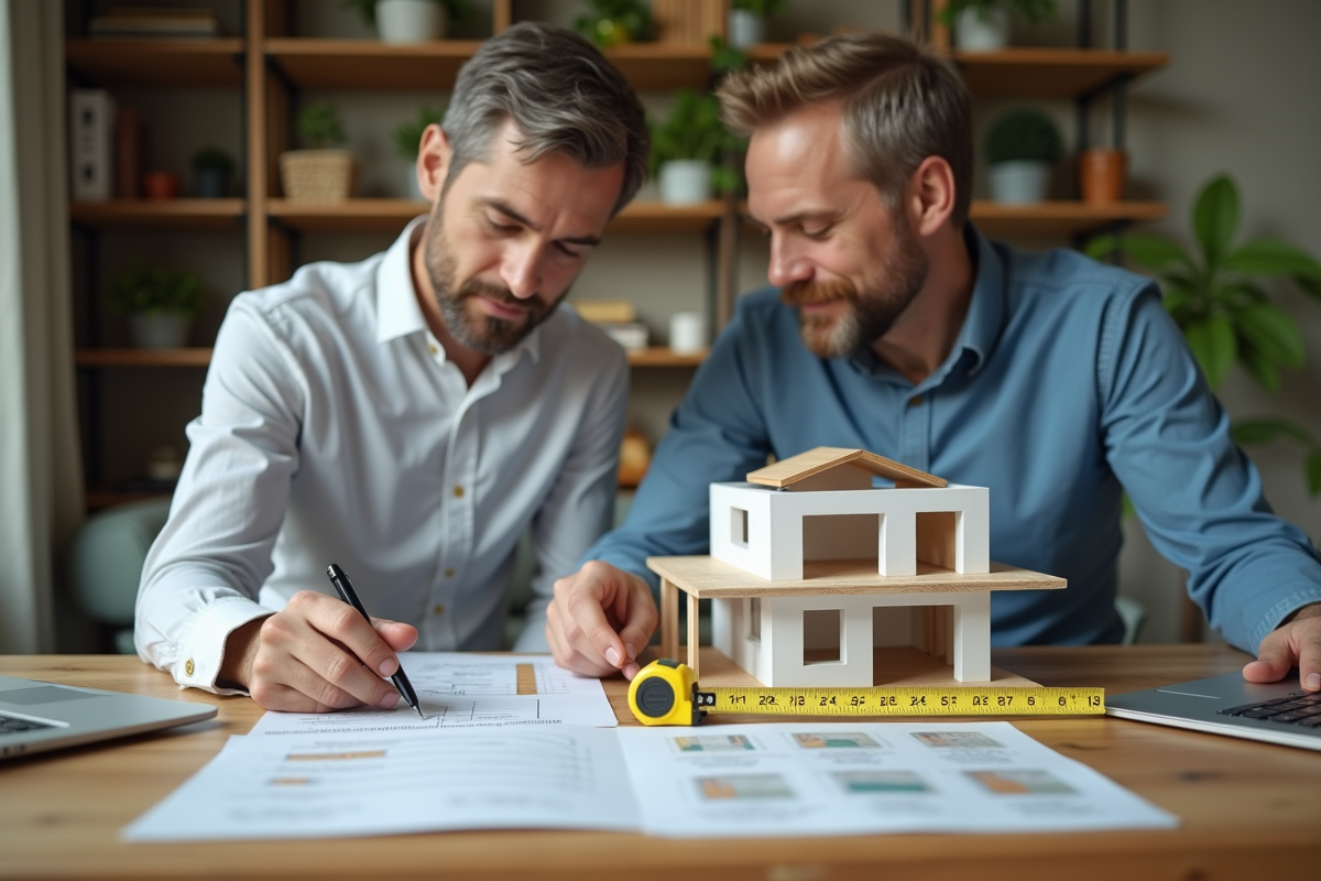 Architecte remplissant devis avec modele de maison miniature