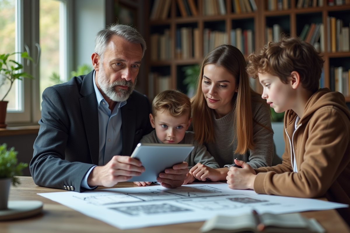 Architecte expliquant plans 3D à une famille dans un bureau moderne
