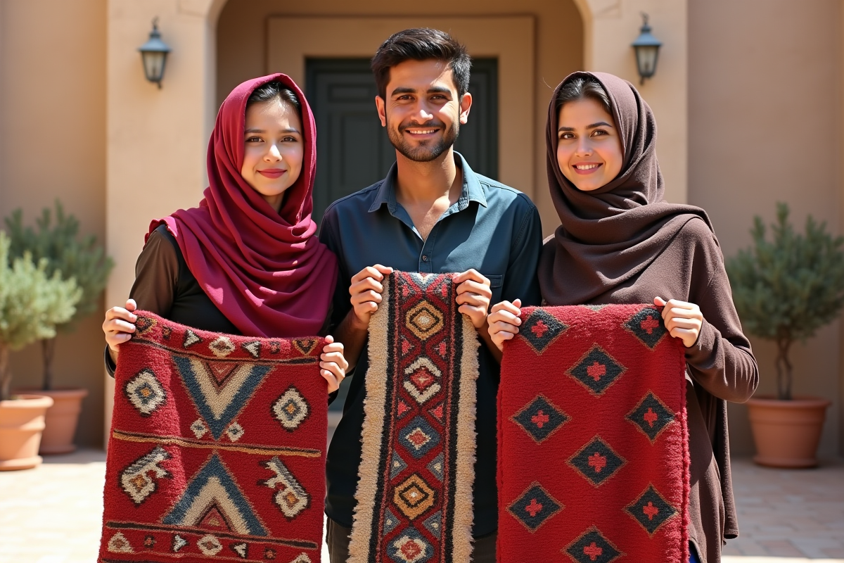 Trois artisans berberes avec tapis dans une cour de village