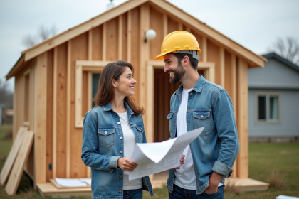 Jeune couple regardant plans de construction devant maison en bois