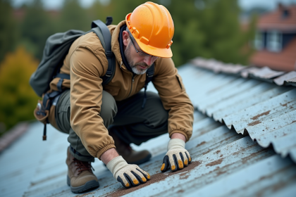Ouvrier couvreur inspectant un toit zinc corrodé