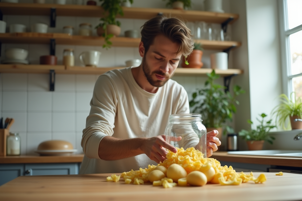 Jeune homme triant des peaux de patate dans la cuisine