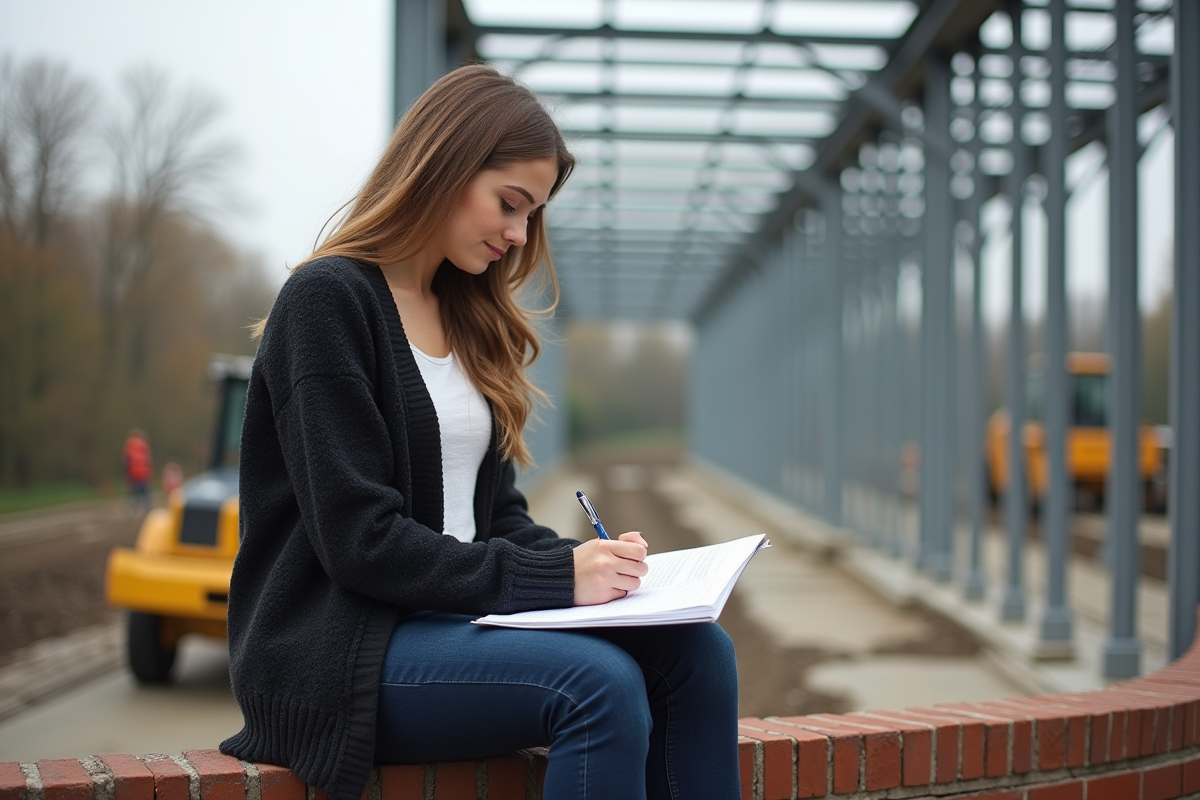 Jeune étudiante en architecture dessinant un plan sur un site de construction