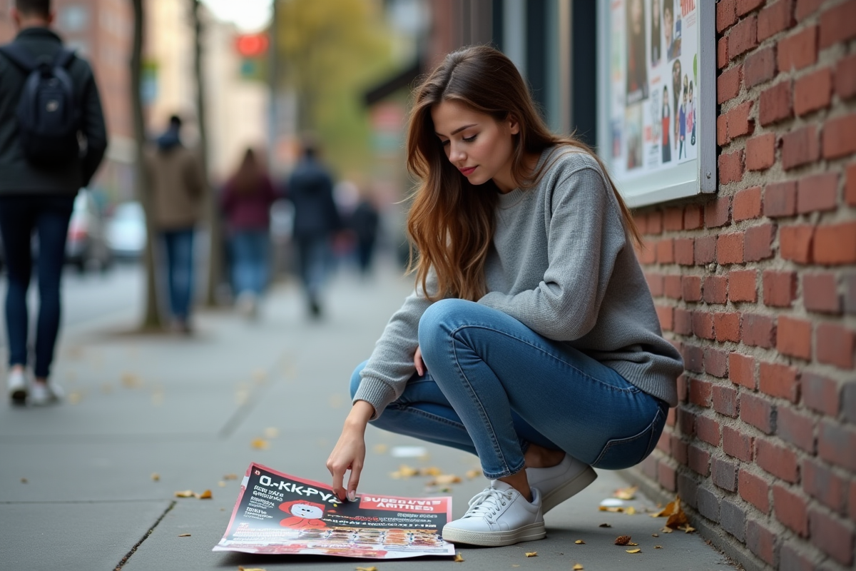Jeune femme collant une affiche colorée en ville