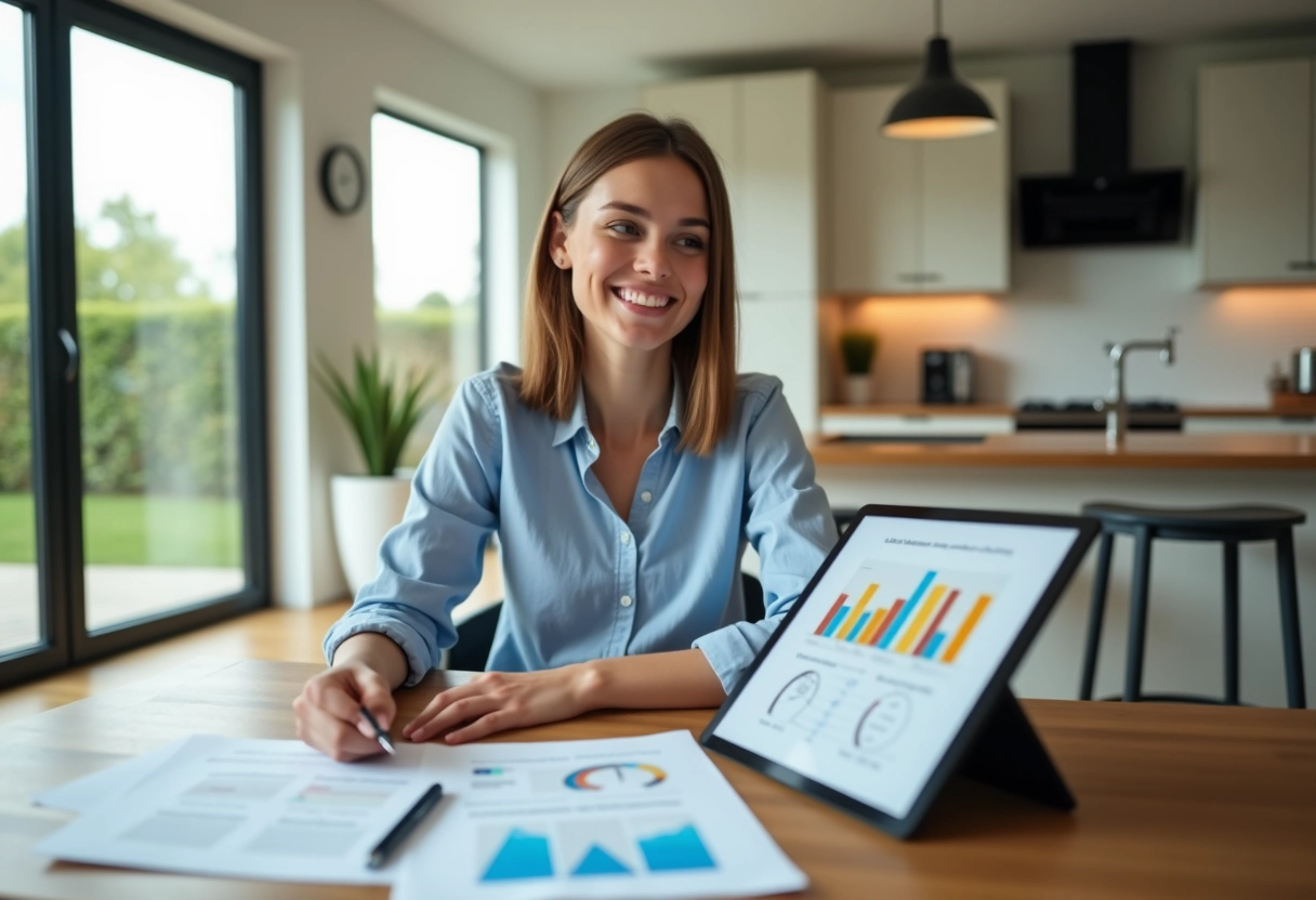 Jeune femme souriante à la table avec documents solaires