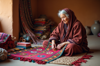 Femme berbere âgée tissant un tapis coloré à la main