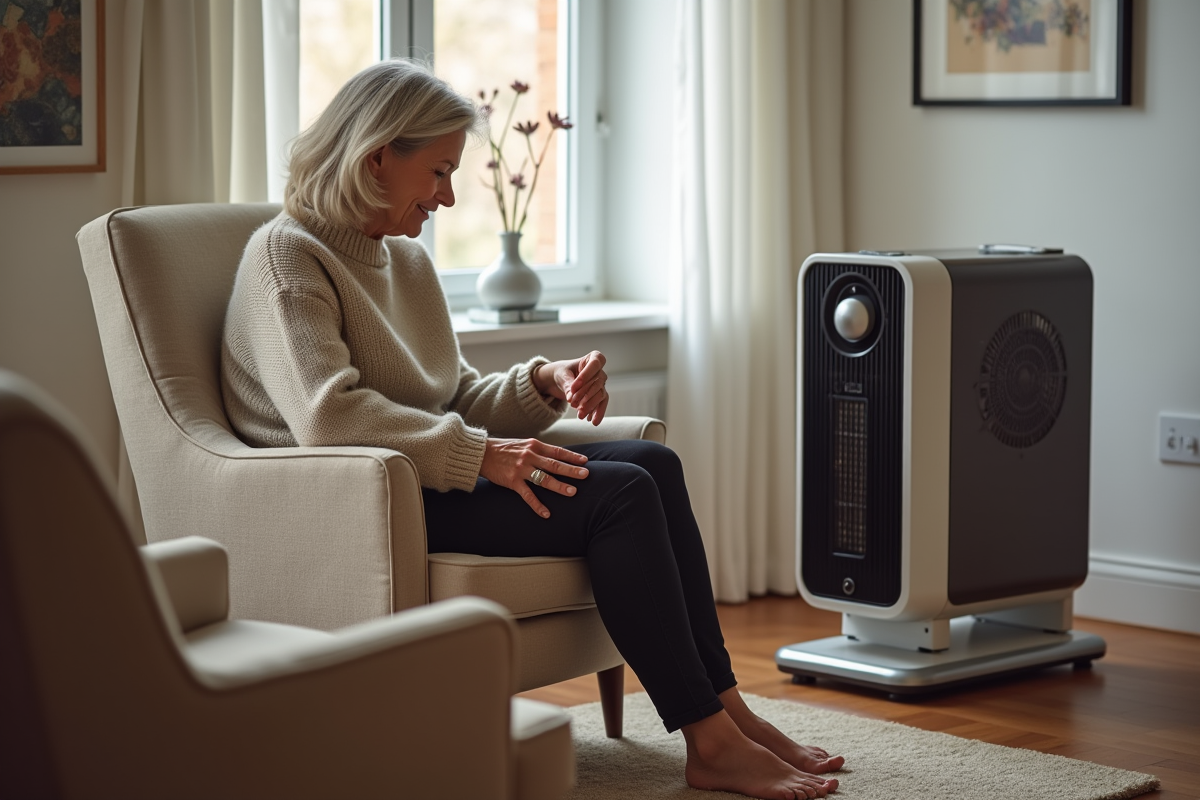 Femme d'âge moyen réglant un chauffage électrique moderne dans un salon