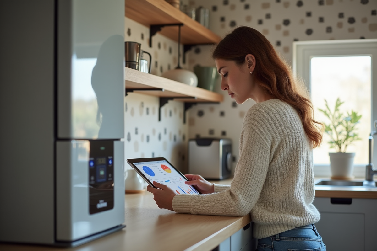 Jeune femme consultant un tableau comparatif près d une chaudière