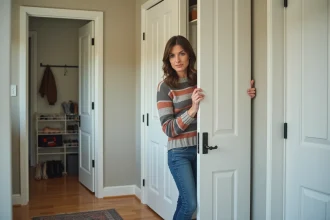 Femme fermant un placard dans l'entrée avec calme