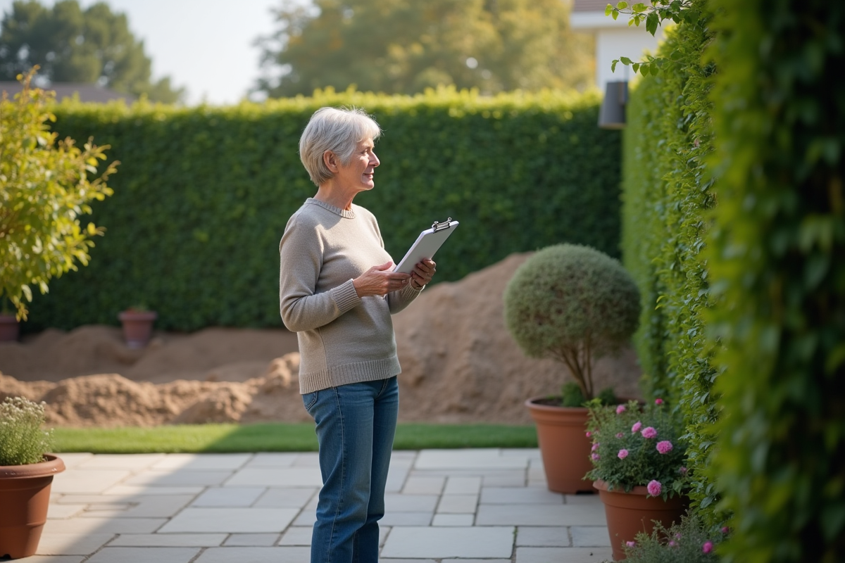 Femme mature observant un chantier depuis son patio