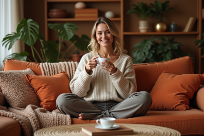 Femme souriante dans un salon chaleureux et cosy
