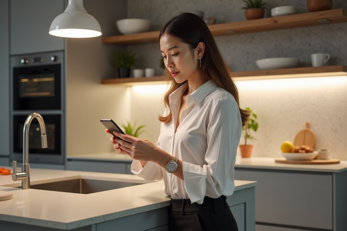 Jeune femme vérifiant un éclairage sous meuble dans la cuisine