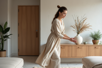 Femme en robe beige stylisant un vase dans un salon moderne