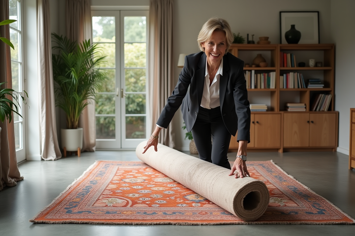 Femme en blazer posant avec tapis dans un bureau maison redecore