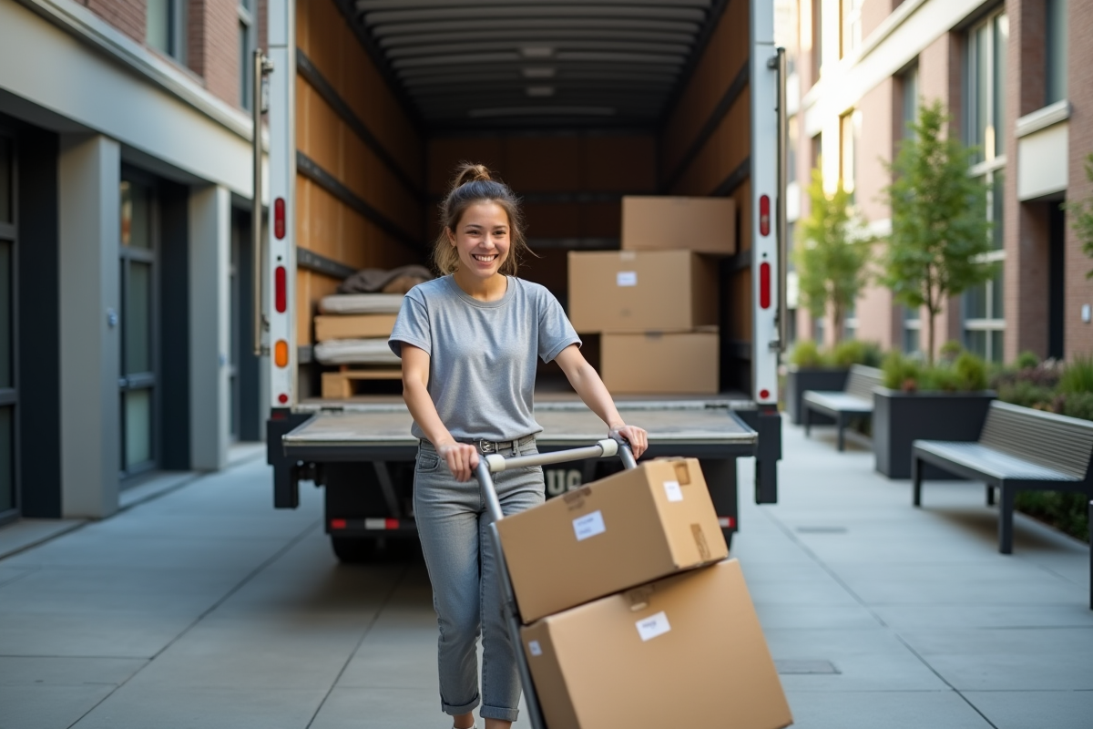 Jeune femme poussant une dolly avec des cartons devant un camion de déménagement