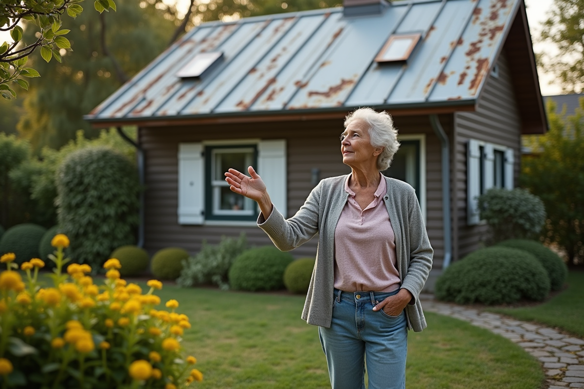 Femme âgée montrant des signes de dégradation du toit zinc