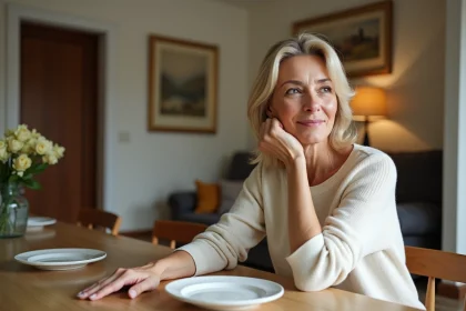 Femme élégante évaluant la hauteur d'une table à manger