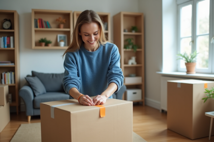 Femme emballant un colis dans un salon lumineux