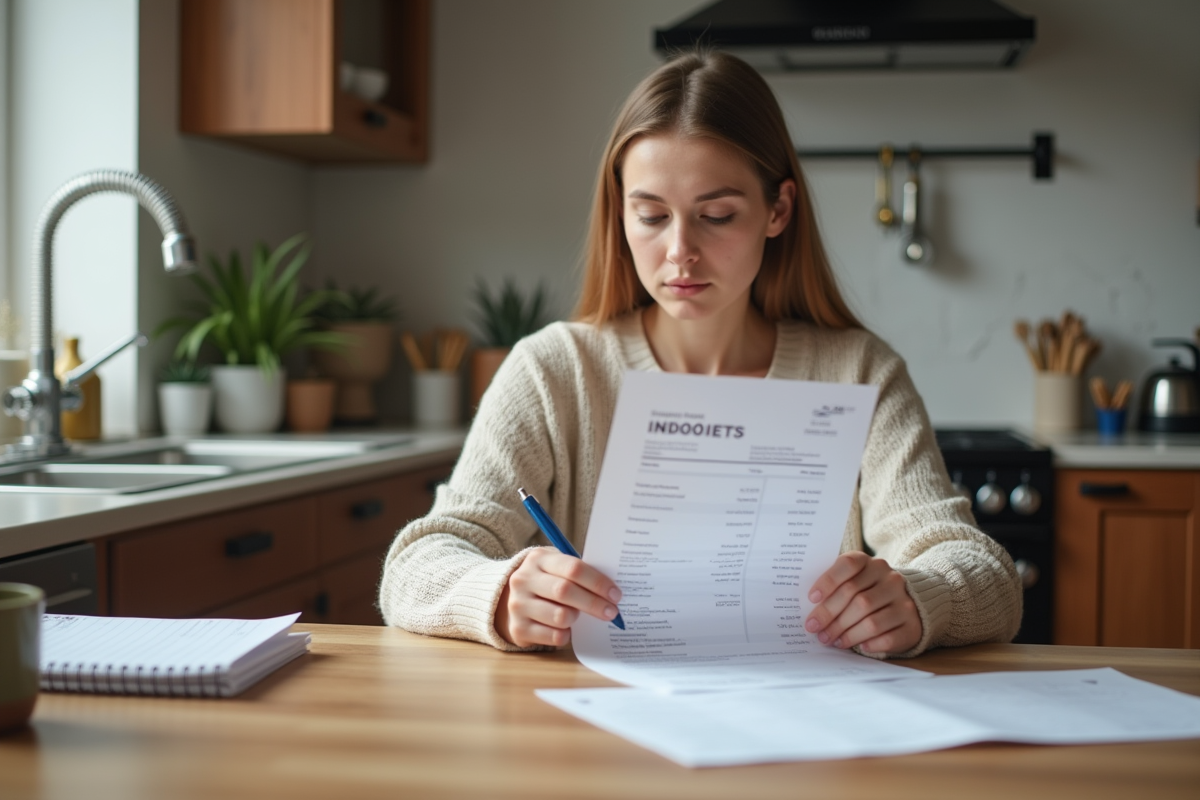 Jeune femme examine facture de plomberie à la maison
