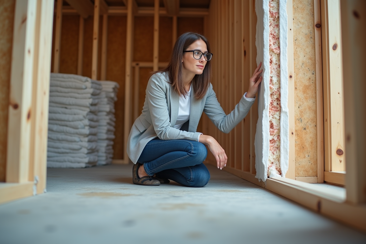 Femme examinant l’isolation à changement de phase sur un mur