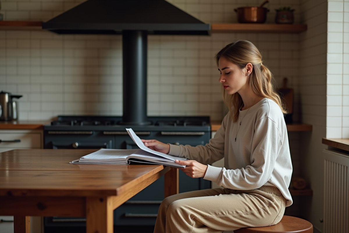 Jeune femme lisant une brochure près d’un poêle en cuisine moderne