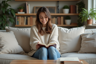 Jeune femme lisant dans un salon moderne et accueillant