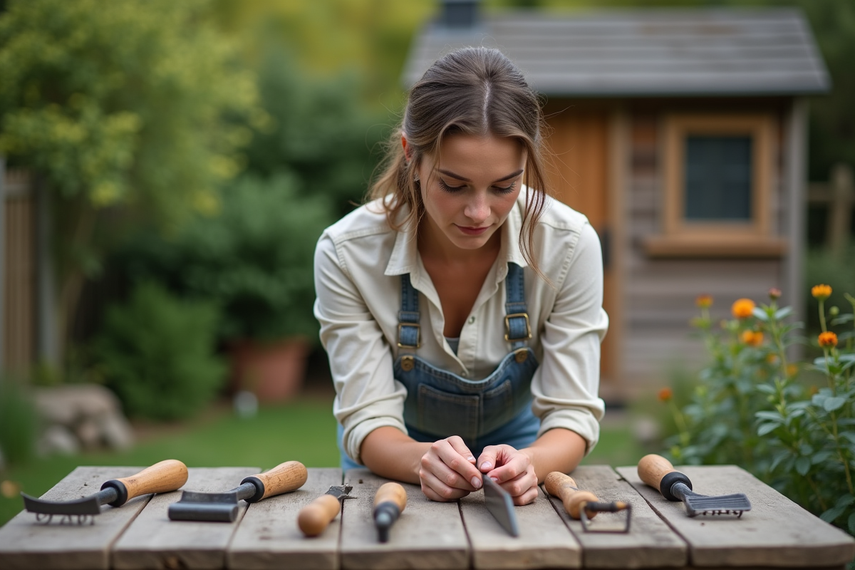Jeune femme inspecte des outils dans un jardin