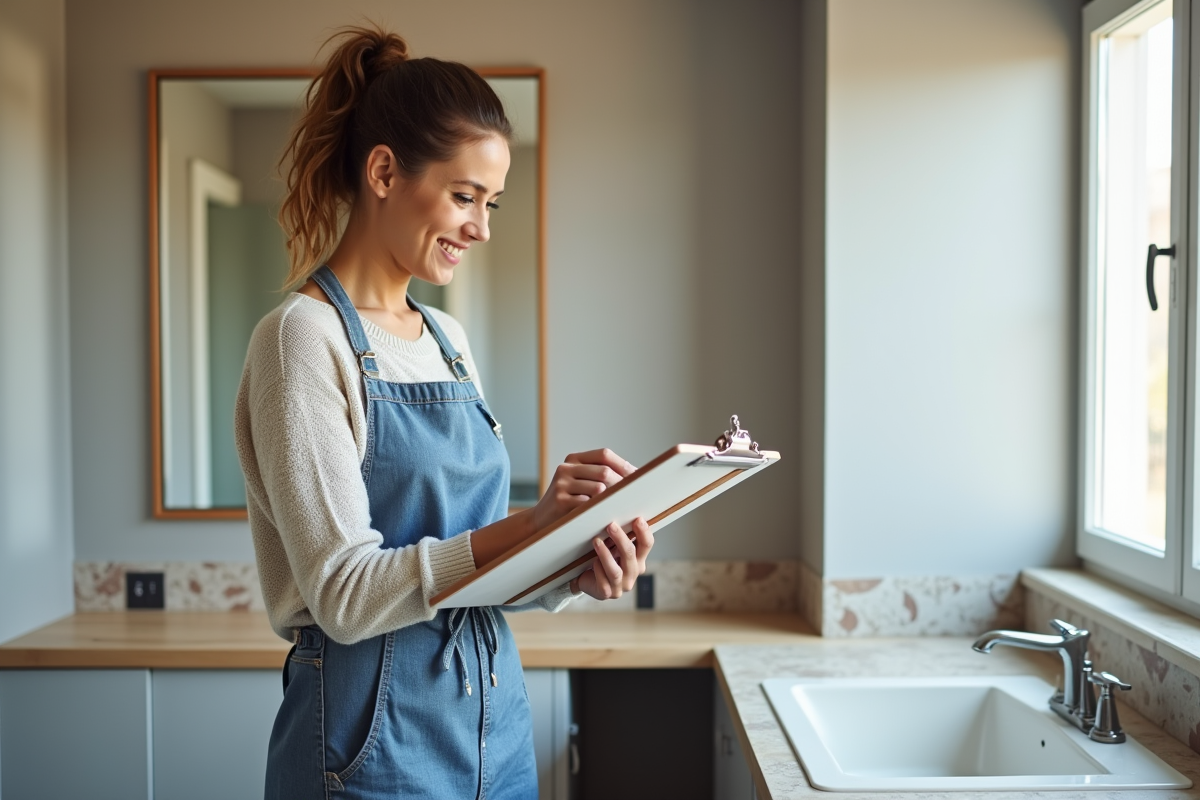 Femme planifiant la rénovation dans la salle de bain