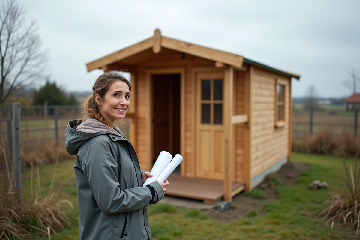 Femme avec plan devant un abri de jardin neuf