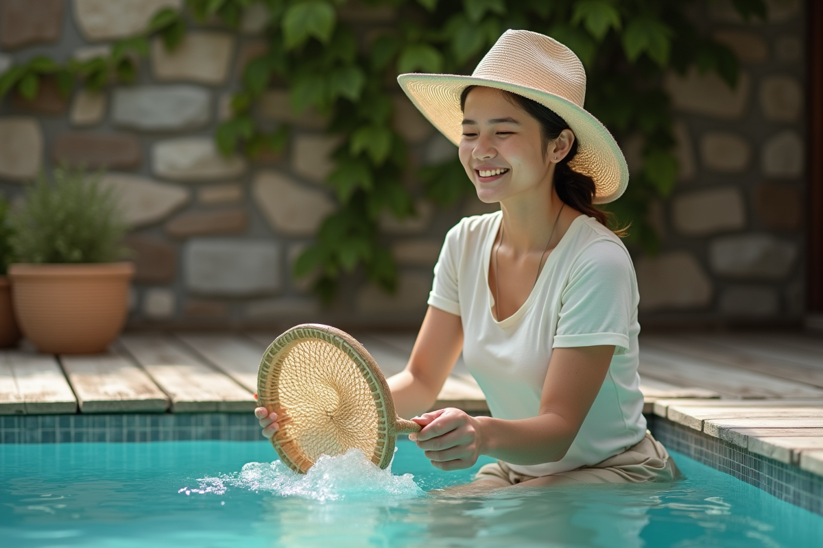 Jeune femme nettoyant la piscine avec un filet