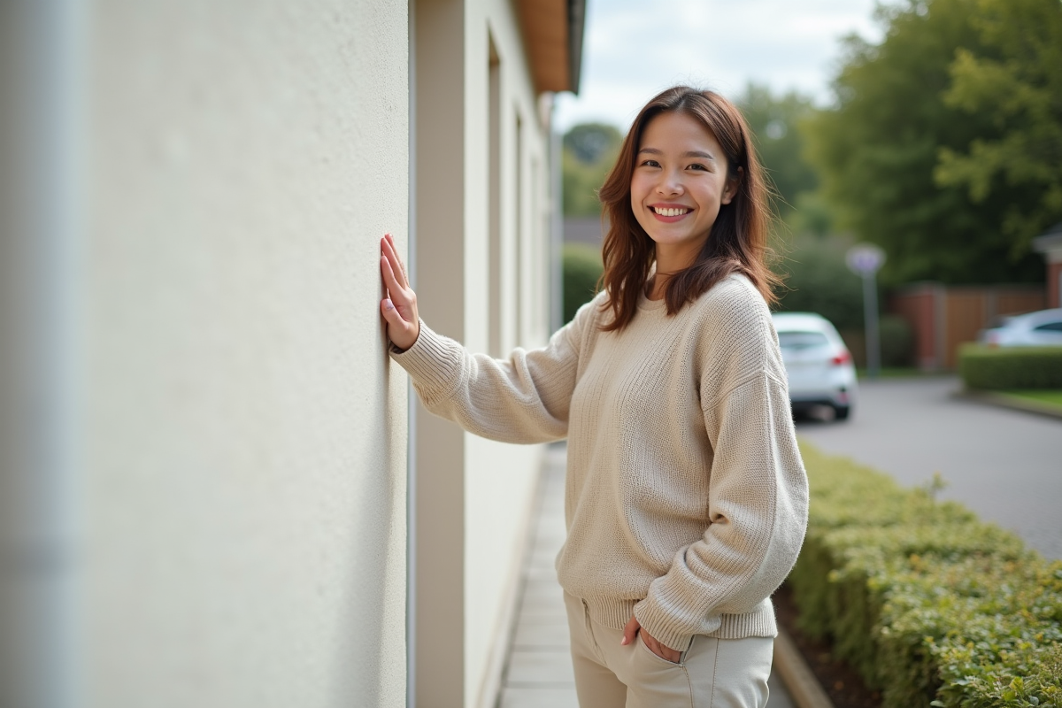 Femme souriante touchant la façade fraîchement enduite