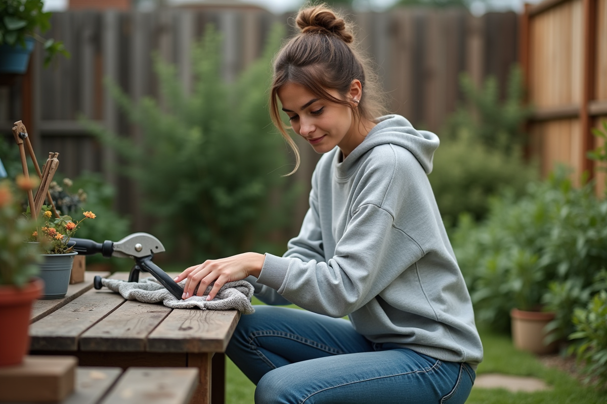 Jeune femme taillant des outils de jardin dans son jardin