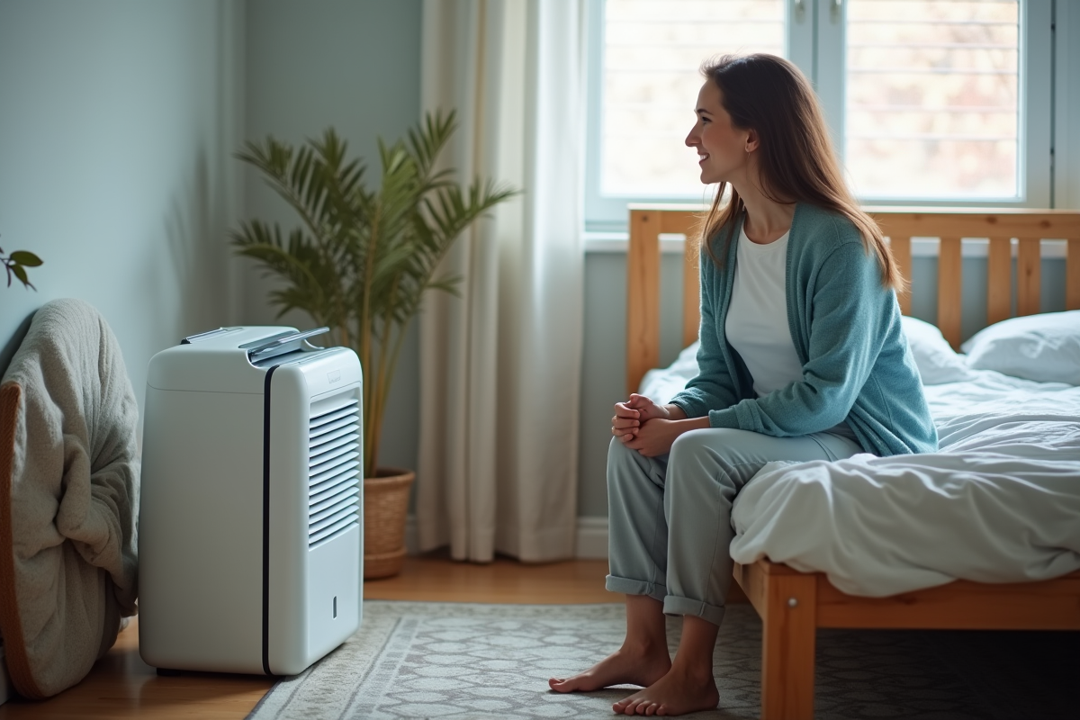 Femme dans sa chambre regarde un déshumidificateur en marche