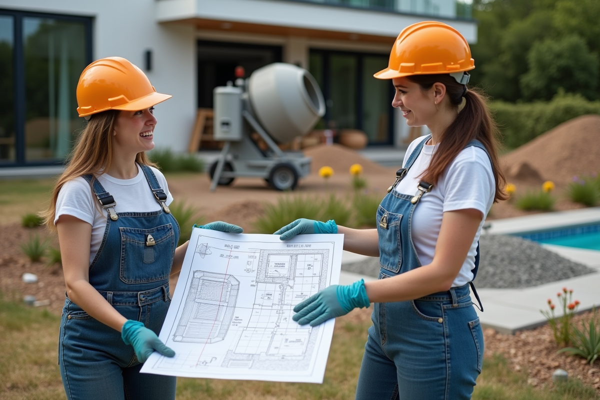 Deux femmes avec plans et matériaux sur un chantier piscine
