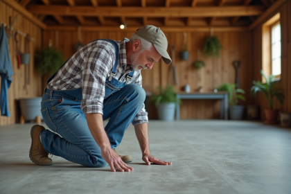Fermeur inspectant un sol en beton dans une grange spacieuse