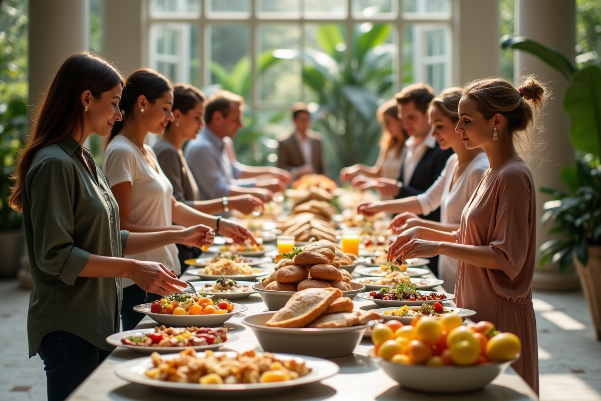 Groupe diversifié se servant au buffet en conservatoire