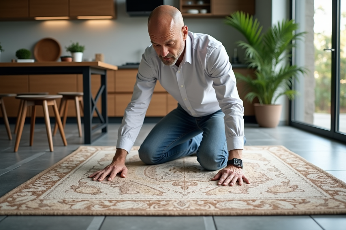 Homme ajustant tapis dans cuisine moderne avec carrelage
