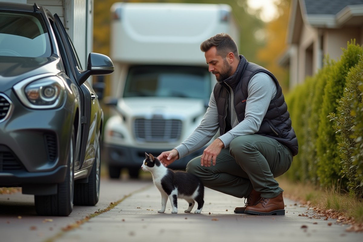 Homme tendant la main à un chat près d