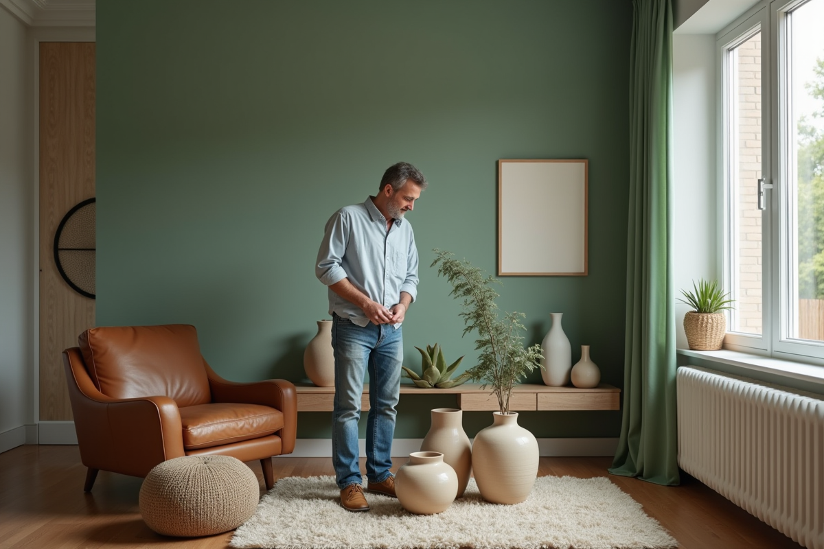 Homme en jeans arrangeant des vases dans un salon moderne