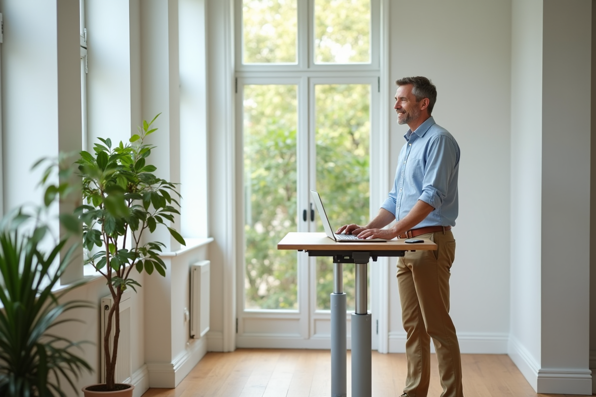 Homme en train d assembler un bureau réglable près de la fenêtre