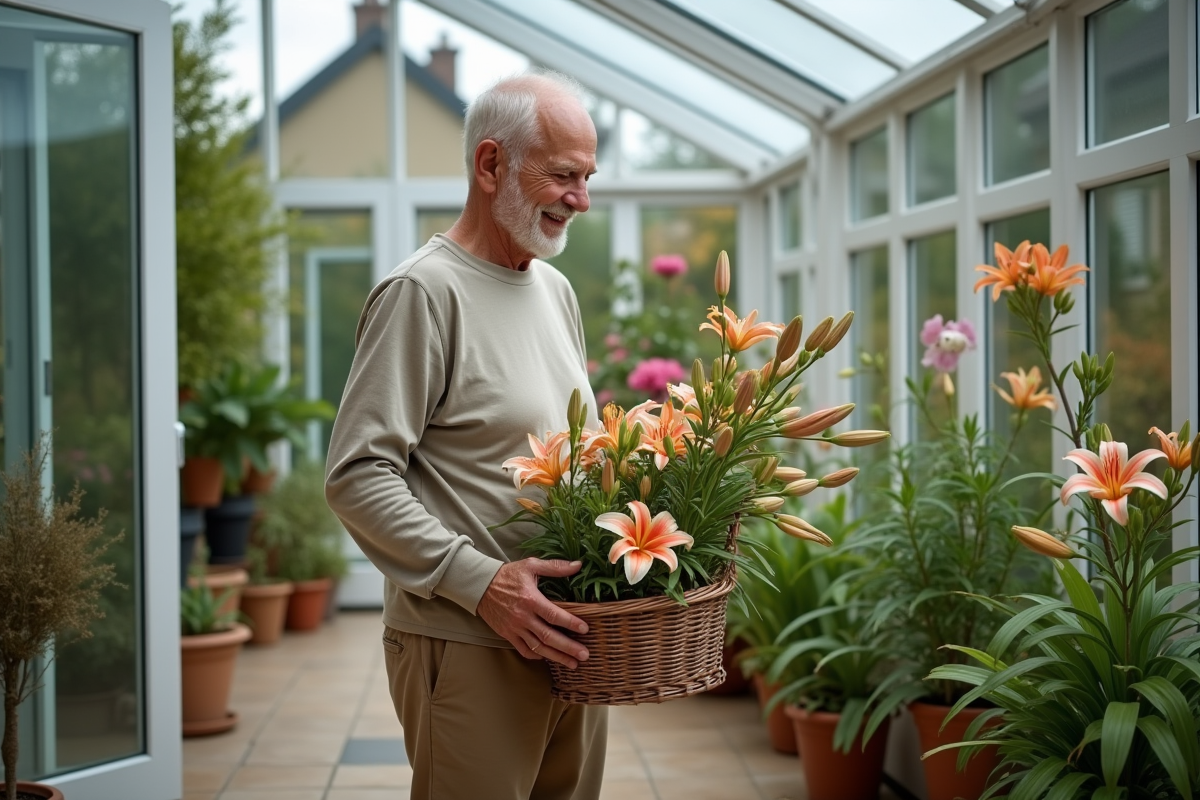 Homme âgé inspectant un panier de lys fanés dans la serre