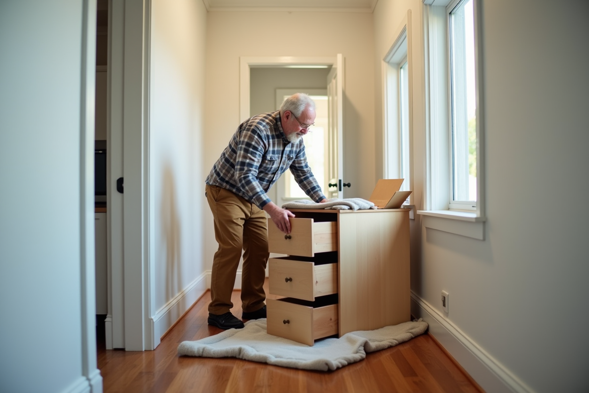 Homme âgé empilant des tiroirs dans un couloir lumineux
