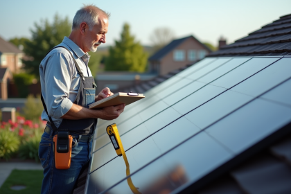 Homme mesurant un toit solaire résidentiel moderne