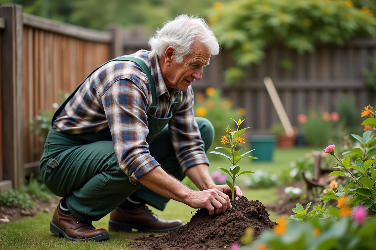 Homme âgé plantant une tige dans le sol dans un jardin