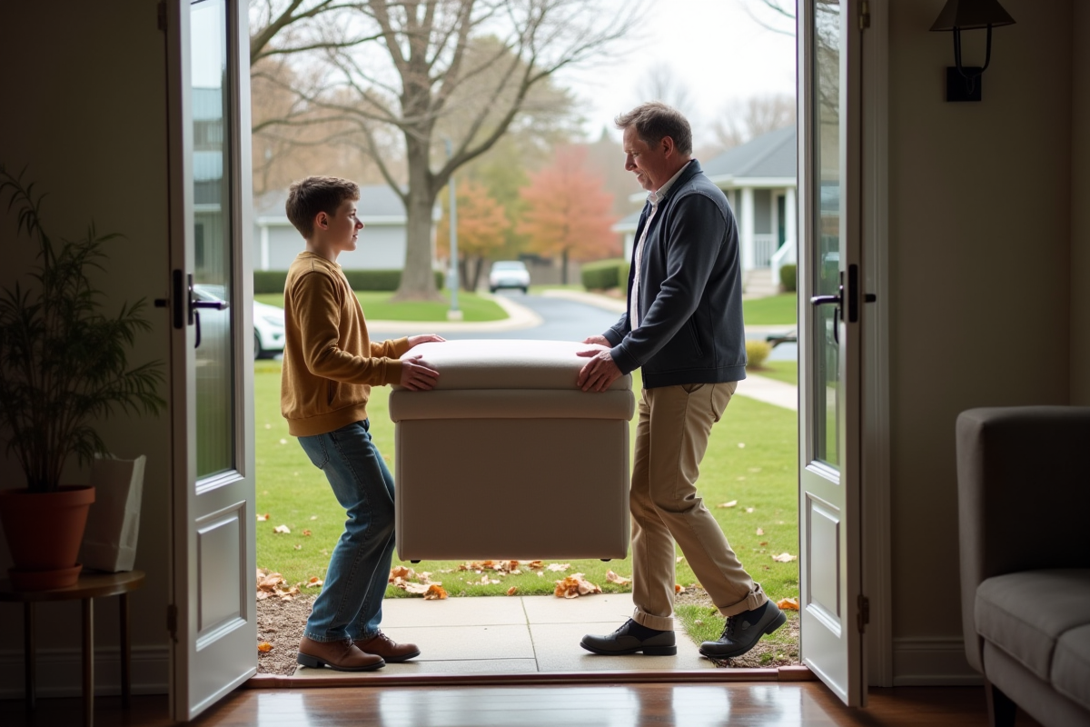 Père et fils portant un canapé devant une maison de banlieue
