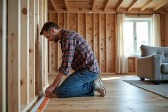 Homme mesurant des panneaux d'isolation dans une maison chaleureuse