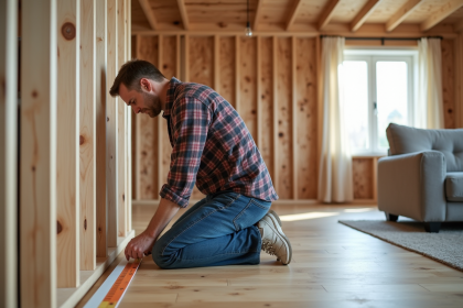 Homme mesurant des panneaux d'isolation dans une maison chaleureuse