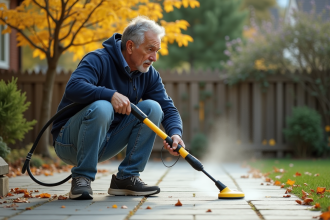 Homme d'âge moyen utilisant un nettoyeur haute pression dans le jardin